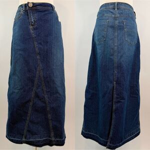 Vintage Maxi Denim Skirt Dark Blue Wash Slit Y2K Preppy Boho 100% Cotton Size 8